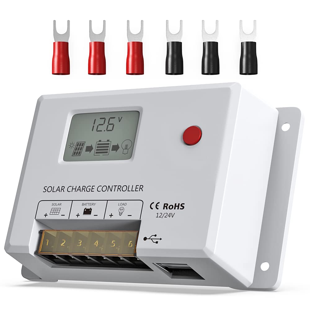 30A Solar Charge Controller, Bateria Power 12V/24V PWM Solar Panel Charger Controller Multi-Function Adjustable LCD Display with Dual USB Port Timer Setting Compatible with LFP, AGM, SLD, FLA