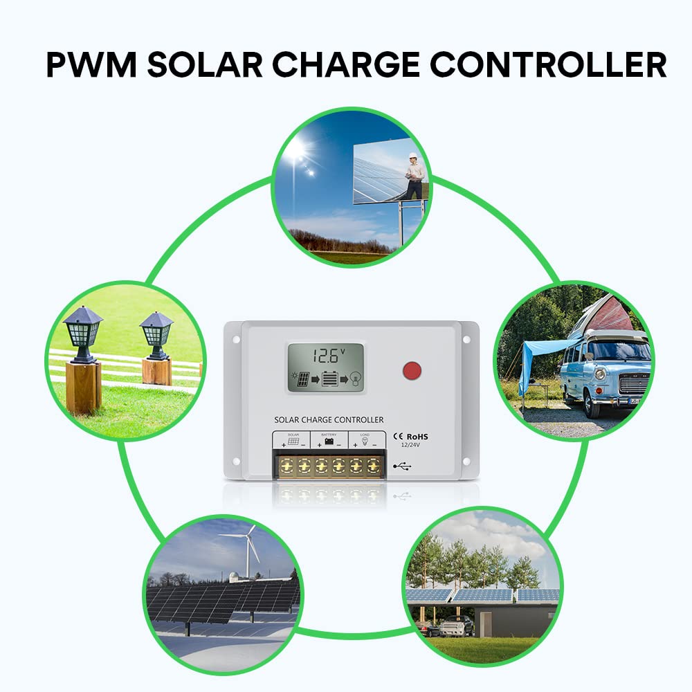30A Solar Charge Controller, Bateria Power 12V/24V PWM Solar Panel Charger Controller Multi-Function Adjustable LCD Display with Dual USB Port Timer Setting Compatible with LFP, AGM, SLD, FLA