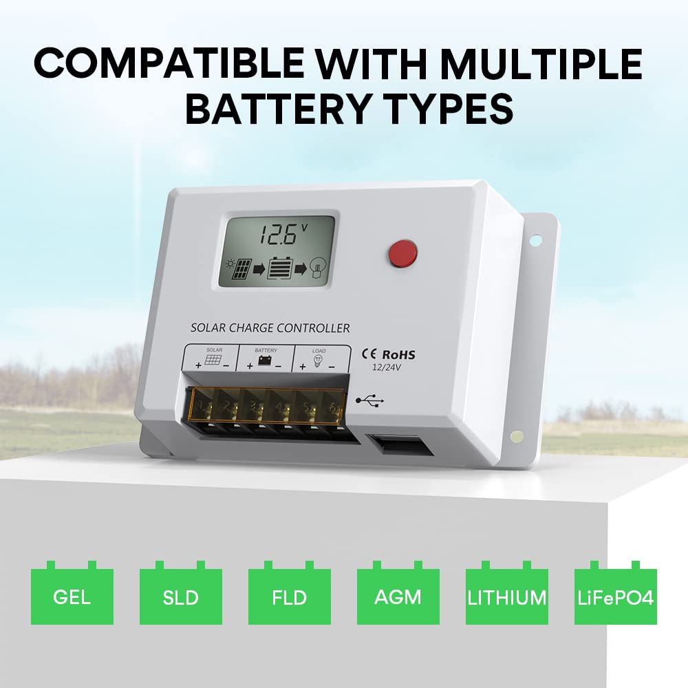 30A Solar Charge Controller, Bateria Power 12V/24V PWM Solar Panel Charger Controller Multi-Function Adjustable LCD Display with Dual USB Port Timer Setting Compatible with LFP, AGM, SLD, FLA