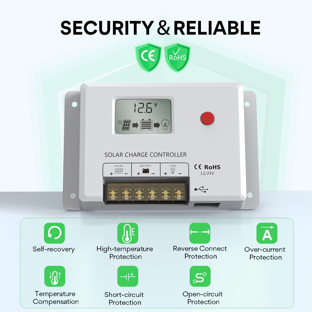 30A Solar Charge Controller, Bateria Power 12V/24V PWM Solar Panel Charger Controller Multi-Function Adjustable LCD Display with Dual USB Port Timer Setting Compatible with LFP, AGM, SLD, FLA