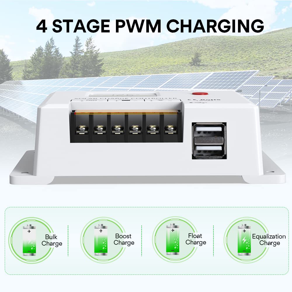 30A Solar Charge Controller, Bateria Power 12V/24V PWM Solar Panel Charger Controller Multi-Function Adjustable LCD Display with Dual USB Port Timer Setting Compatible with LFP, AGM, SLD, FLA