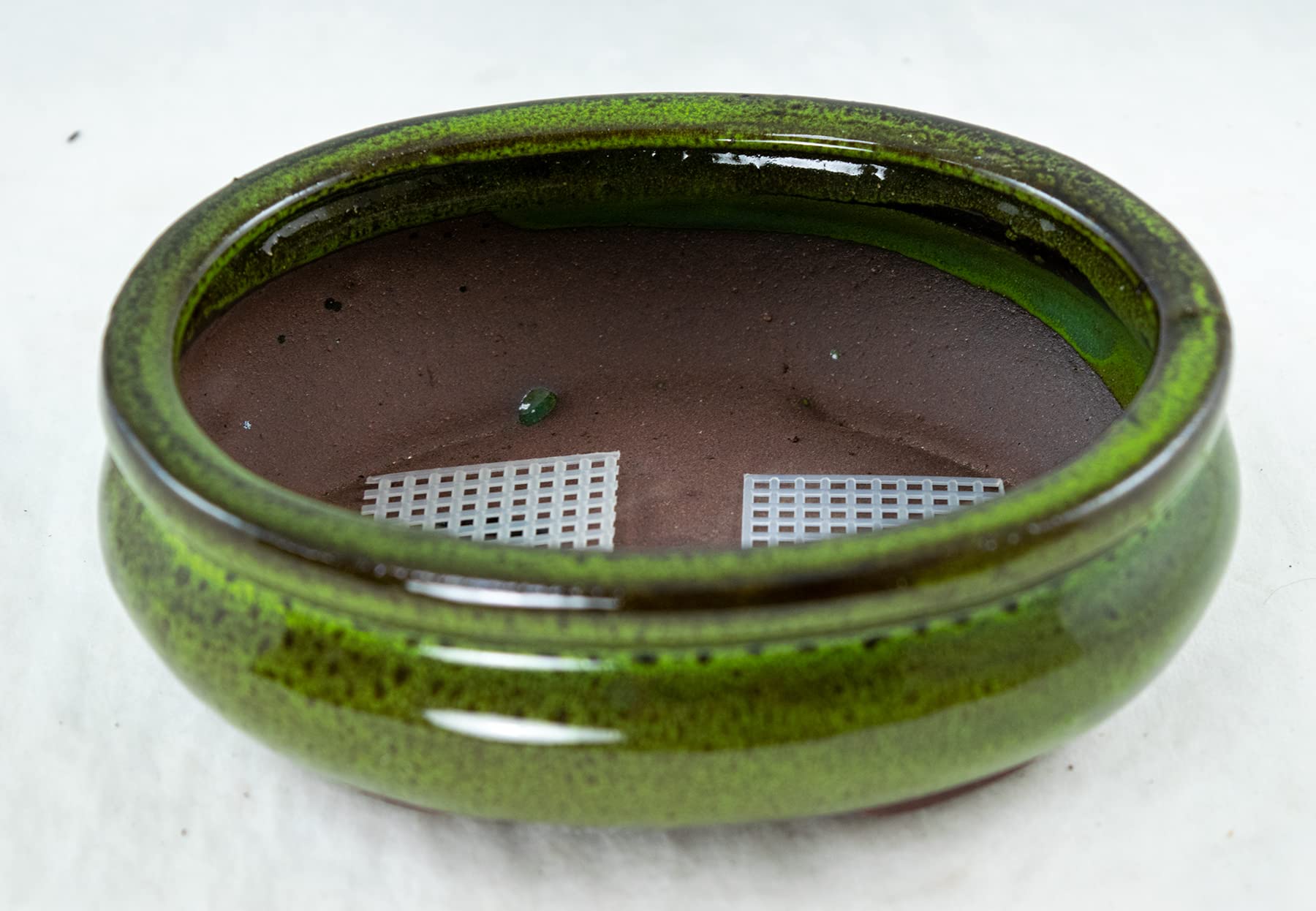 Calibonsai Oval Mame Shohin Bonsai / Cactus & Succulent Pot + Mesh 6inchx 5inchx 2inch - Moss Green Stain Glazed