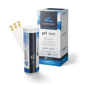 exposome biosciences ph test strips.(100 pack).universal tests for alkaline or acid levels in body(saliva & urine),drinking water,clear liquids,beauty products. statistically significant test results.