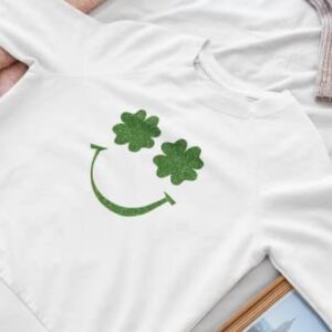 Shamrock Happy Face Iron On Decal, St Patricks Day Shirt Transfer, Iron On Transfer, Clover Patch, Glitter Decal, St Paddy, Iron On ALmost Anything in 5 Min (Grass Glitter)