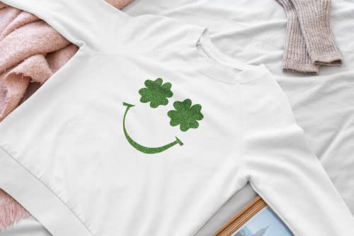 Shamrock Happy Face Iron On Decal, St Patricks Day Shirt Transfer, Iron On Transfer, Clover Patch, Glitter Decal, St Paddy, Iron On ALmost Anything in 5 Min (Grass Glitter)