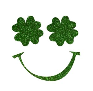 shamrock happy face iron on decal, st patricks day shirt transfer, iron on transfer, clover patch, glitter decal, st paddy, iron on almost anything in 5 min (grass glitter)