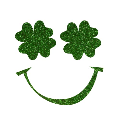 Shamrock Happy Face Iron On Decal, St Patricks Day Shirt Transfer, Iron On Transfer, Clover Patch, Glitter Decal, St Paddy, Iron On ALmost Anything in 5 Min (Grass Glitter)