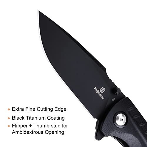 SHIELDON Relicanth EDC Pocket Knife, 3.2" D2 Blade Black G10 Handle Liner Lock Folding Knife with Clip, Qualified as Outdoor Hunting Knife