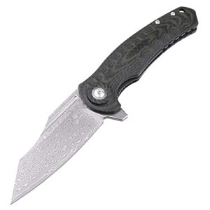 shieldon tranchodon damascus pocket knife with clip, 3.66" vg10 blade g10 handle with carbon fiber overlay, liner lock edc folding knife