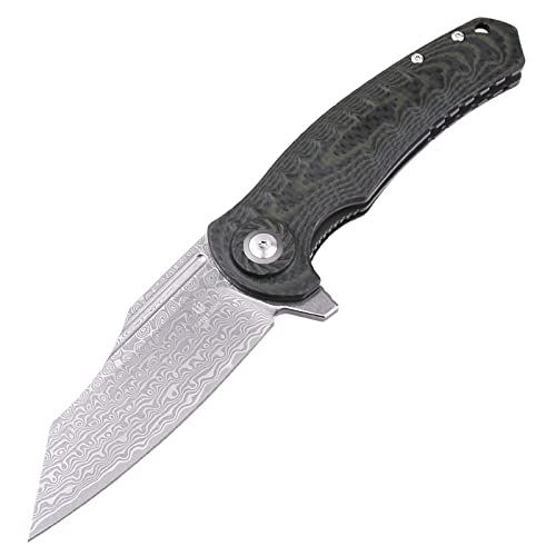 SHIELDON Tranchodon Damascus Pocket Knife with Clip, 3.66" VG10 Blade G10 Handle with Carbon Fiber Overlay, Liner Lock EDC Folding Knife