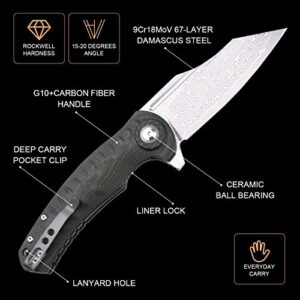SHIELDON Tranchodon Damascus Pocket Knife with Clip, 3.66" VG10 Blade G10 Handle with Carbon Fiber Overlay, Liner Lock EDC Folding Knife