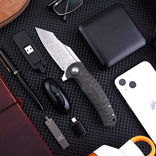 SHIELDON Tranchodon Damascus Pocket Knife with Clip, 3.66" VG10 Blade G10 Handle with Carbon Fiber Overlay, Liner Lock EDC Folding Knife