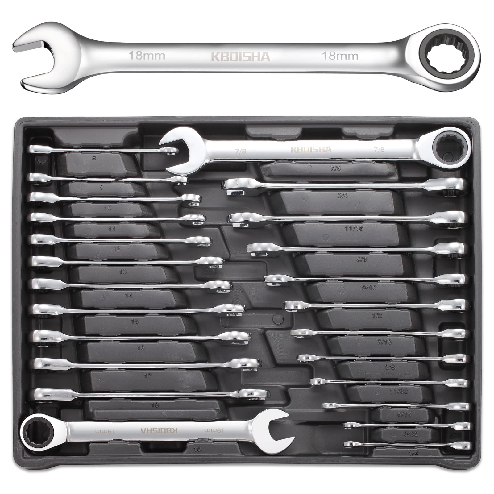 kboisha 24-Piece Ratchet Wrenches, 72-Tooth Ratcheting Combination Wrench Set with Metric & SAE 8-19mm and 1/4" to 3/8" CR-V Standard Wrench Set with Organizer Box