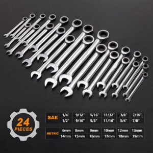 kboisha 24-Piece Ratchet Wrenches, 72-Tooth Ratcheting Combination Wrench Set with Metric & SAE 8-19mm and 1/4" to 3/8" CR-V Standard Wrench Set with Organizer Box