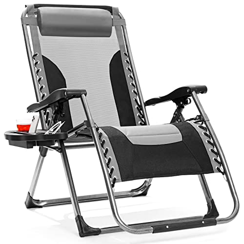 Leteuke Zero Gravity Chair, Oversized XL Zero Gravity Lounge Chair with Mesh Back & Padded Seat, 450 LBS Capacity Outdoor Recliner with Removable Pillow and Tray for Patio Lawn Yard, Gray+Black