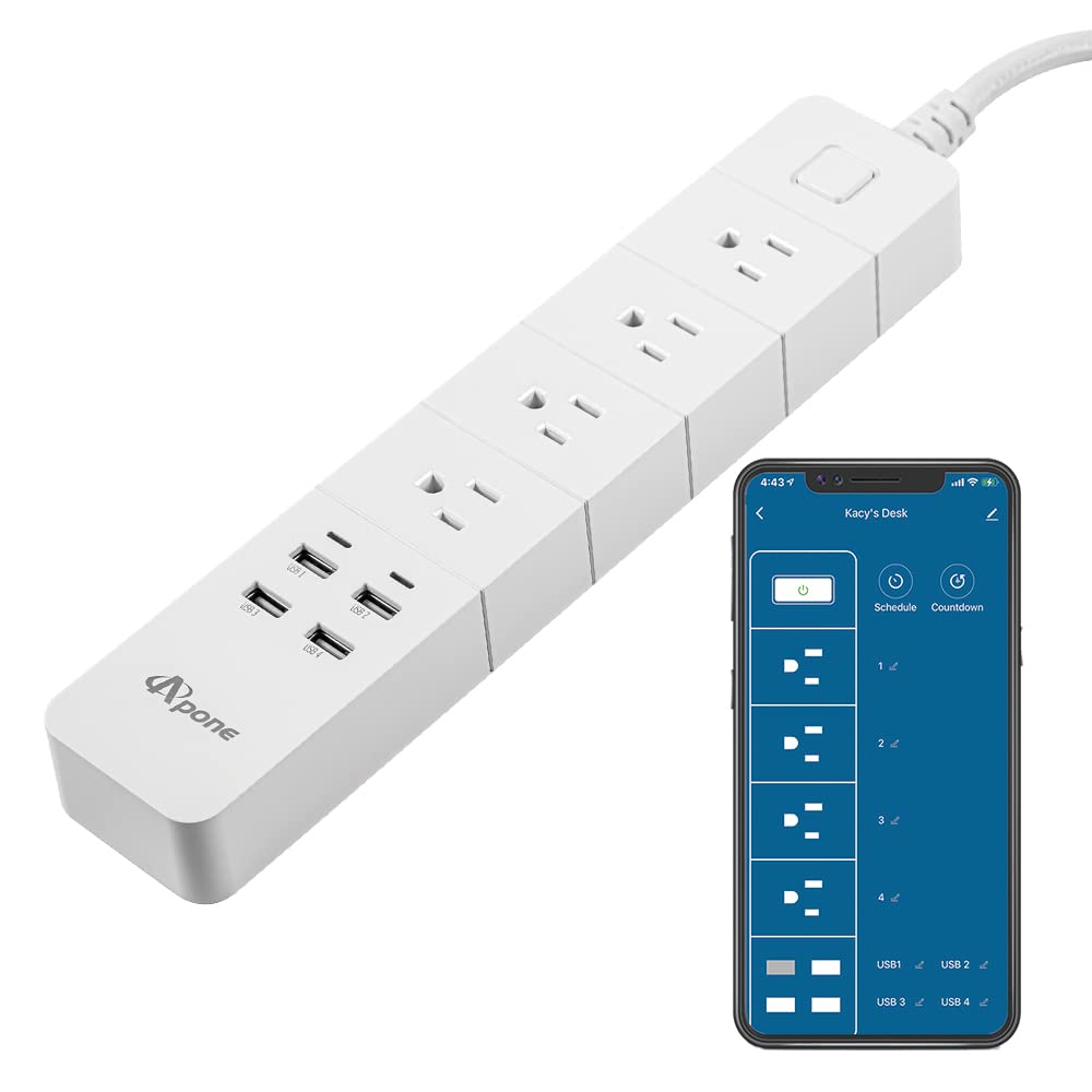 Smart Plug Power Strip Surge Protector with 4 Individually Controlled Apone Smart Outlets and 4 USB Ports, Compatible with Alexa & Google Home, No Hub Required