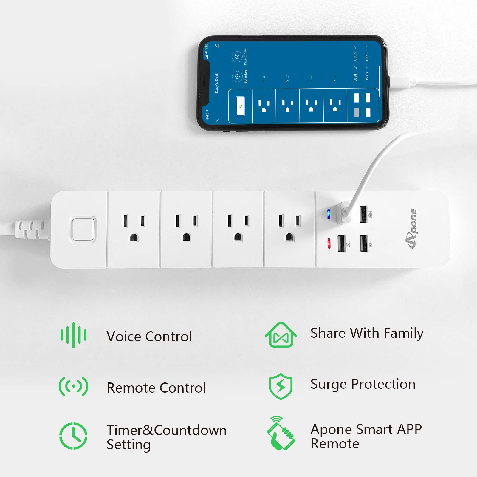 Smart Plug Power Strip Surge Protector with 4 Individually Controlled Apone Smart Outlets and 4 USB Ports, Compatible with Alexa & Google Home, No Hub Required