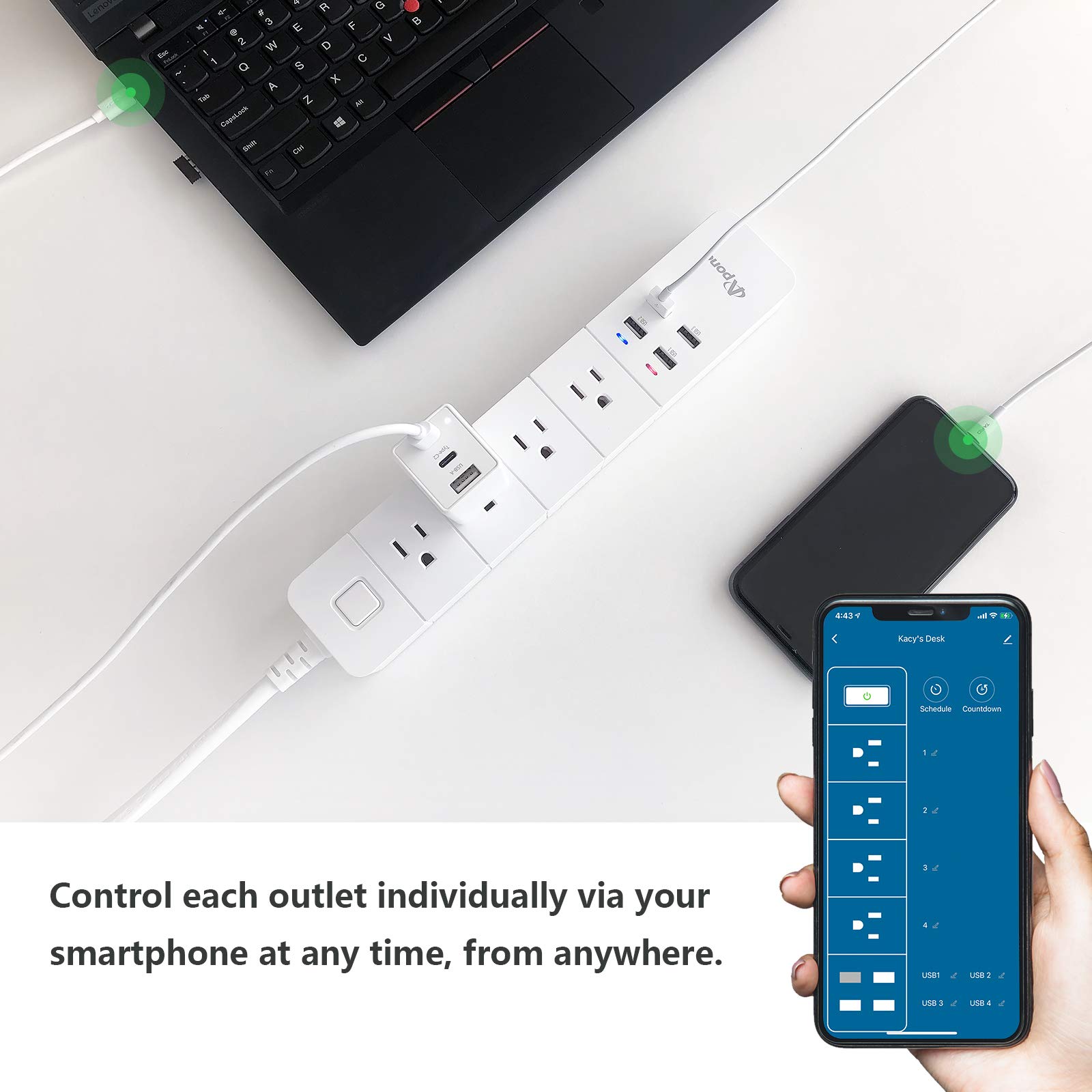 Smart Plug Power Strip Surge Protector with 4 Individually Controlled Apone Smart Outlets and 4 USB Ports, Compatible with Alexa & Google Home, No Hub Required