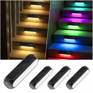 ahaorigin solar outdoor lights for deck 4 pack, upgraded rgb solar fence lights with color changing & warm white mode, waterproof led solar powered lights for yard, wall, stairs, pool and step decor