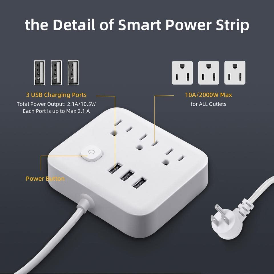 Power Strip Surge Protector with USB,4 Feet Long Cord with 3 AC Outlets and 3 USB Charging Ports, Overload Protection Outlet Extender, Compact for Smartphone Tablets Home, Office, Hotel,900 Joules