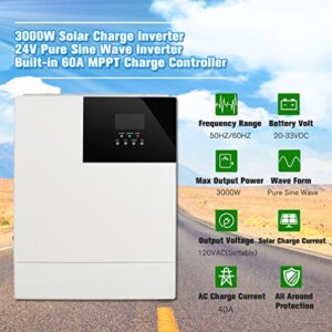 funwill 3000W Solar Charge Inverter, 24V DC to 110V 120V AC, Pure Sine Wave Inverter Built-in 60A MPPT Charge Controller, for Lead-Acid and Lithium Battery (USA Shipping, 3-5 Days Delivery)