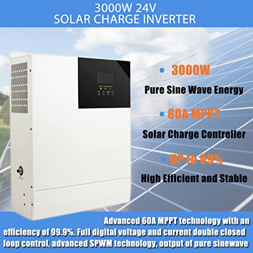 funwill 3000W Solar Charge Inverter, 24V DC to 110V 120V AC, Pure Sine Wave Inverter Built-in 60A MPPT Charge Controller, for Lead-Acid and Lithium Battery (USA Shipping, 3-5 Days Delivery)