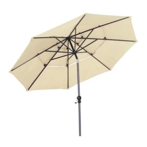 PUPZO 10ft Patio Umbrella 3 Tiers Outdoor Table Umbrella Market Umbrella with Tilt Adjustment and 8 Sturdy Ribs Umbrella for Garden, Backyard, Pool, Beach (Khaki)