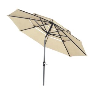 PUPZO 10ft Patio Umbrella 3 Tiers Outdoor Table Umbrella Market Umbrella with Tilt Adjustment and 8 Sturdy Ribs Umbrella for Garden, Backyard, Pool, Beach (Khaki)