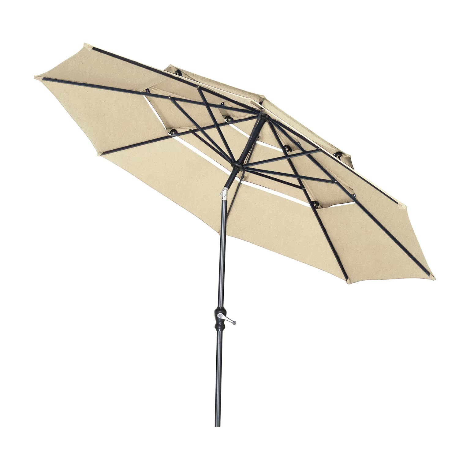 PUPZO 10ft Patio Umbrella 3 Tiers Outdoor Table Umbrella Market Umbrella with Tilt Adjustment and 8 Sturdy Ribs Umbrella for Garden, Backyard, Pool, Beach (Khaki)