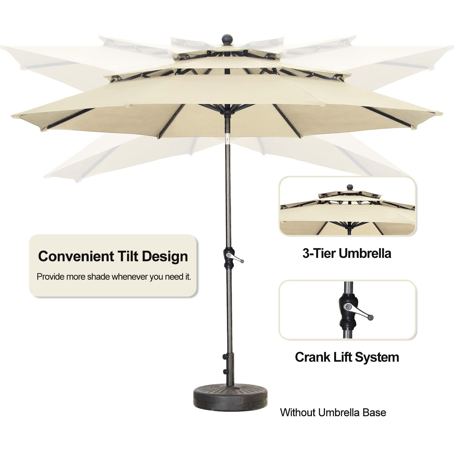 PUPZO 10ft Patio Umbrella 3 Tiers Outdoor Table Umbrella Market Umbrella with Tilt Adjustment and 8 Sturdy Ribs Umbrella for Garden, Backyard, Pool, Beach (Khaki)