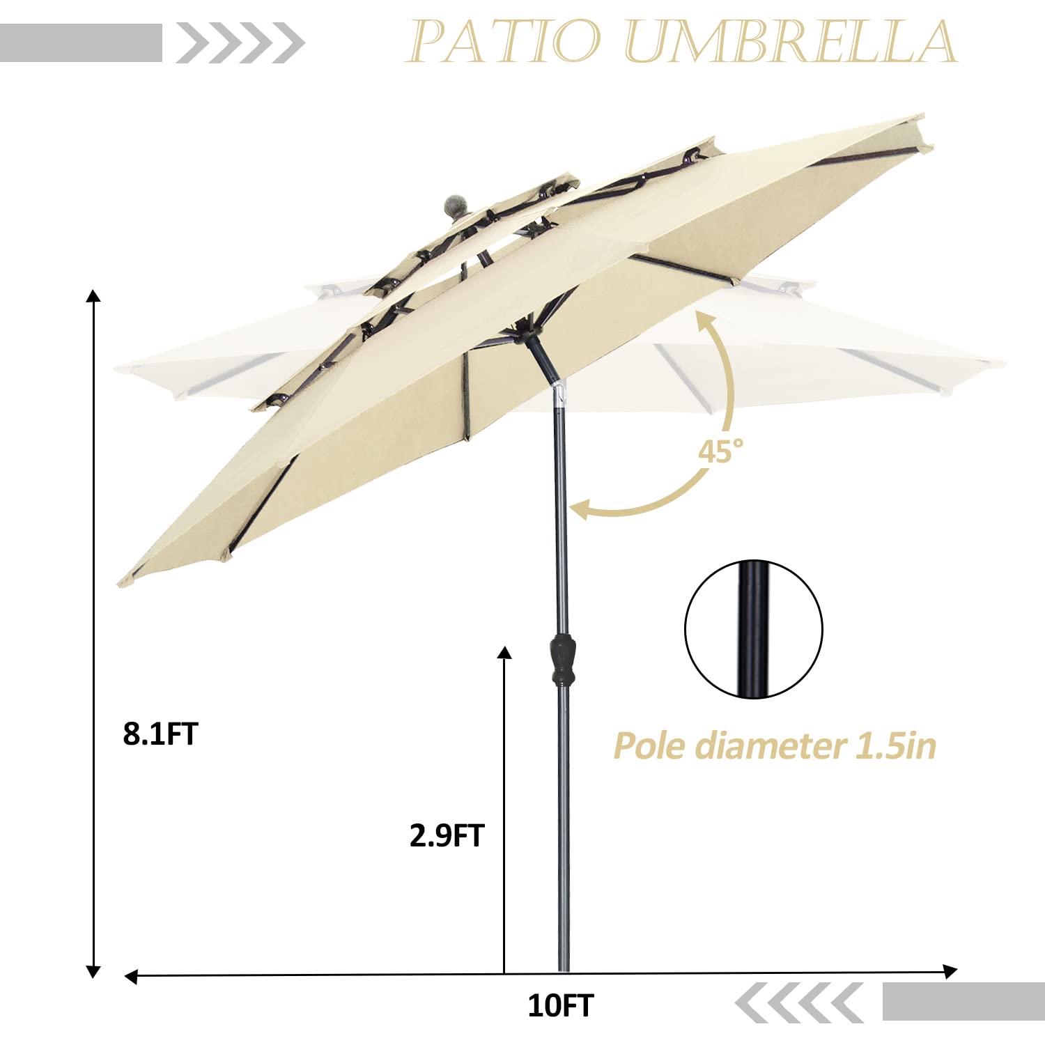 PUPZO 10ft Patio Umbrella 3 Tiers Outdoor Table Umbrella Market Umbrella with Tilt Adjustment and 8 Sturdy Ribs Umbrella for Garden, Backyard, Pool, Beach (Khaki)