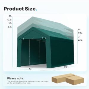 ADVANCE OUTDOOR 12x20 ft Heavy Duty Carport with Sidewalls and Doors, Adjustable Height from 9.5 ft to 11 ft, Car Canopy Garage Party Tent Boat Shelter with 8 Reinforced Poles and 4 Sandbags, Green