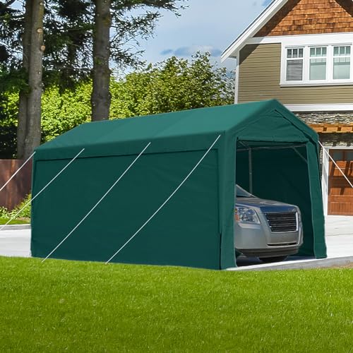 ADVANCE OUTDOOR 12x20 ft Heavy Duty Carport with Sidewalls and Doors, Adjustable Height from 9.5 ft to 11 ft, Car Canopy Garage Party Tent Boat Shelter with 8 Reinforced Poles and 4 Sandbags, Green