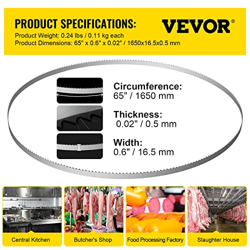 VEVOR Band Saw Blade, 65x0.6x0.02 inch, 5 PCS/Pack Meat Bandsaw Blades for Replacement, 65Mn Carbon Steel Blade, 3 TPI Meat Cutting Blade Wrapped by Rust-Proof Paper, for Commercial Bone Saw Machines
