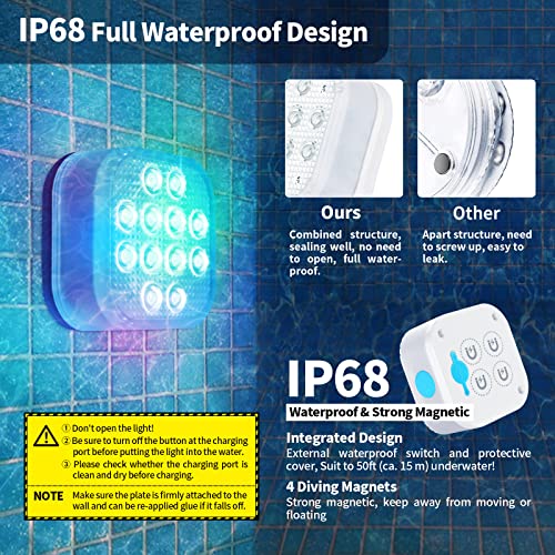 Homly Rechargeable Submersible Pool Lights with Remote, Waterproof Underwater Charging Battery Operated Controlled 16 Color Changing LED with Magnet Floating Lights Pool Pond Decoration 4 Pack