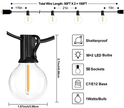 YUNSOVA Outdoor String Lights LED - 100FT 2 Pack Outdoor Lights for Patio with 52 Waterproof Bulbs, Connectable Commercial Hanging Lights for Outside Backyard Balcony Party