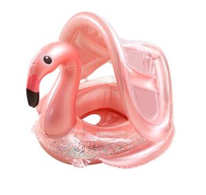 ekoropshop baby pool float with canopy inflatable flamingo swimming pool float swimming ring with safety seat for kid 4-48 months
