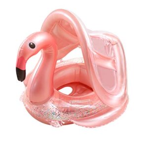 Ekoropshop Baby Pool Float with Canopy Inflatable Flamingo Swimming Pool Float Swimming Ring with Safety Seat for Kid 4-48 Months