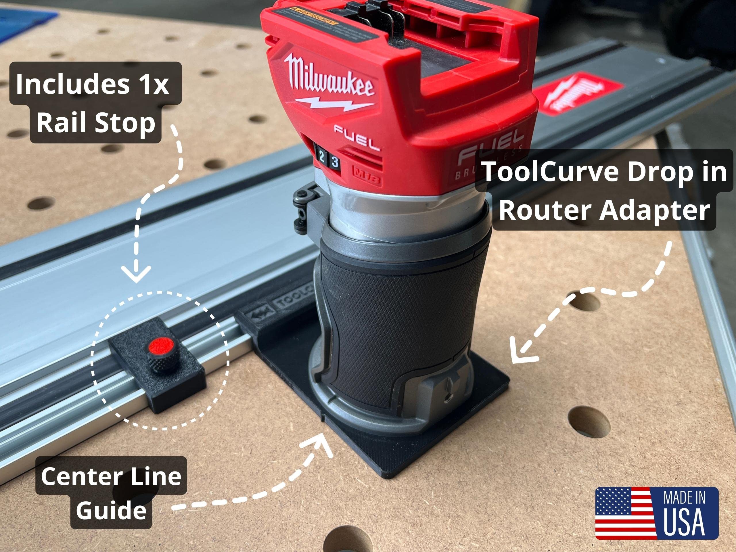 ToolCurve Guide Rail Adapter Compatible with Milwaukee Router - Made in USA