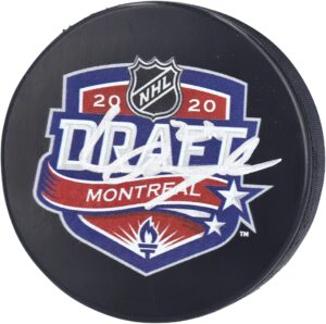 lucas raymond detroit red wings autographed 2020 nhl draft logo hockey puck - autographed nhl pucks