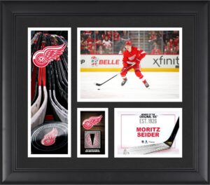 moritz seider detroit red wings framed 15" x 17" player collage with a piece of game-used puck - nhl game used puck collages