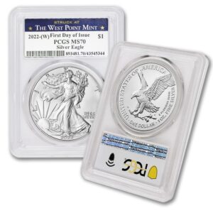 2022 (w) 1 oz american silver eagle ms-70 (first day of issue - struck at the west point mint) $1 ms70 pcgs