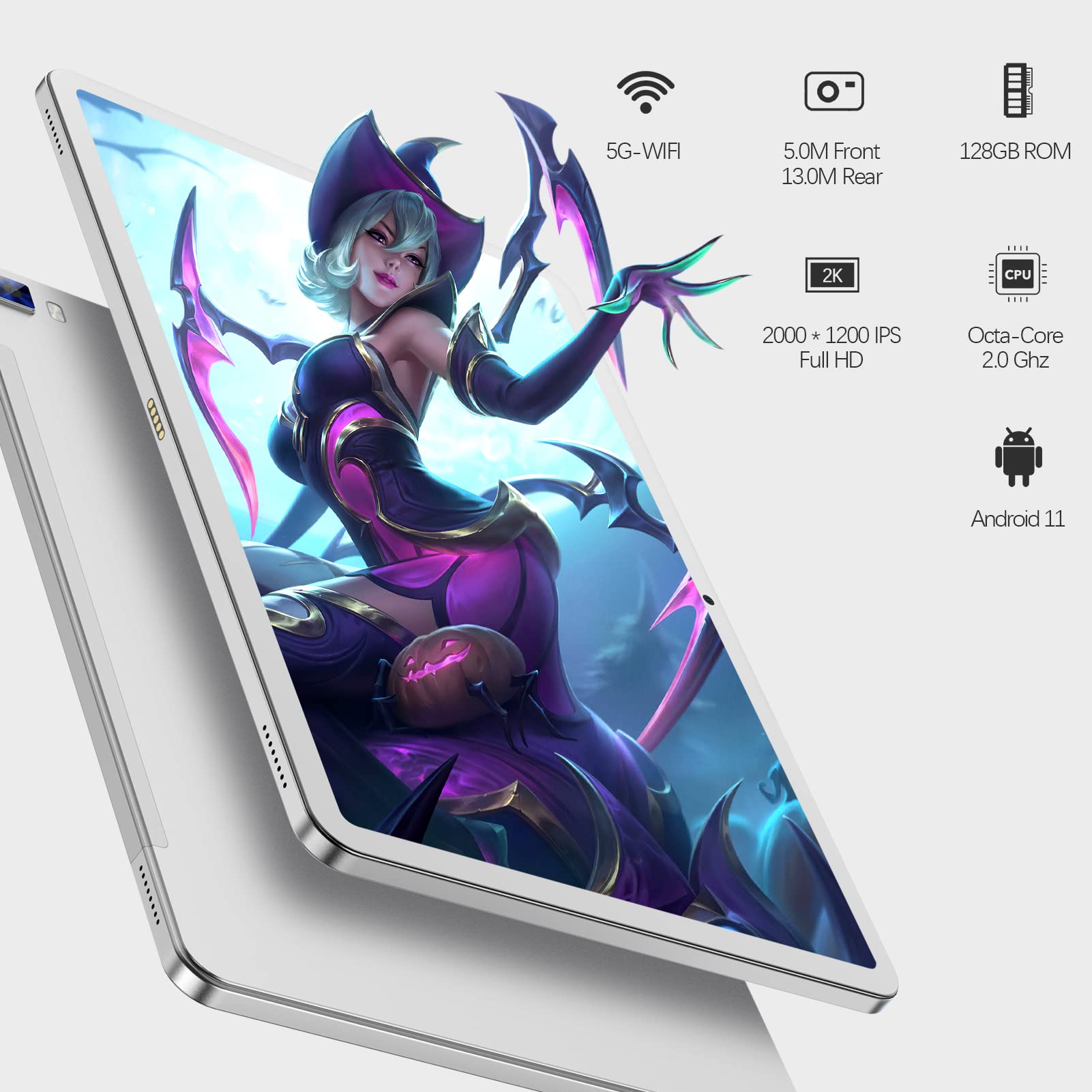 VASOUN Android 11 Tablet 10.4 inch, 2K IPS Screen,128GB ROM, 4G LTE Dual SIMS, 2.0GHz Octa-Core Gaming Tablet, 8000Mah Battery, Stereo Speakers, 5G WiFi, Bluetooth5.0, GPS, Type-C Tablet(Silver)