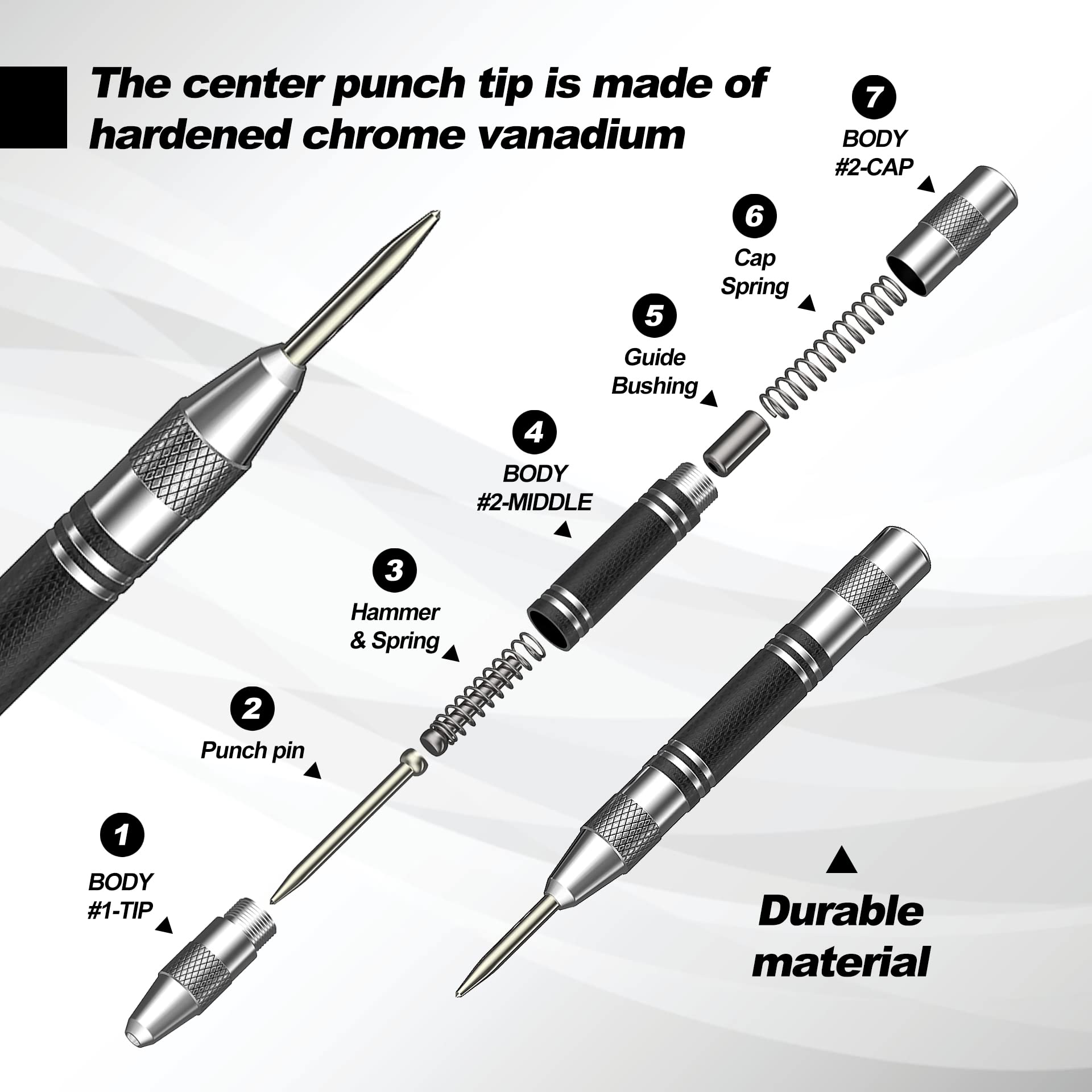 Glieskir 2 Pack Automatic Center Punch, 5 inch Heavy Duty Steel Spring Loaded Center Hole Punch with Adjustable Tension Punch Tool for Metal Wood Glass Plastic