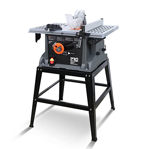 Table Saw 10 inch, Prostormer 15A Multifunctional Saw with Stand 45º -90º Blade Angle and about 5000RPM No-Load Speed for Woodworking