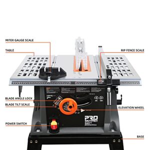 Table Saw 10 inch, Prostormer 15A Multifunctional Saw with Stand 45º -90º Blade Angle and about 5000RPM No-Load Speed for Woodworking