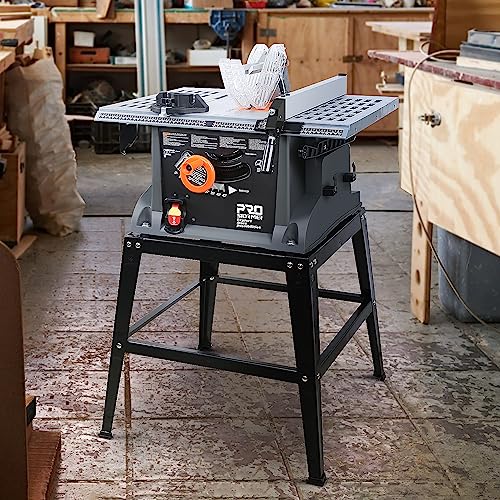 Table Saw 10 inch, Prostormer 15A Multifunctional Saw with Stand 45º -90º Blade Angle and about 5000RPM No-Load Speed for Woodworking