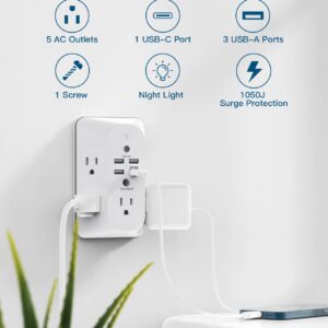 Outlet Extender with Night Light, Surge Protector, Power Strip, 5 Outlet Splitter (3 Side) and 4 USB Charger(1 USB C), USB Wall Charger, Multi Plug Outlets for Home, Office, Dorm Room Essentials