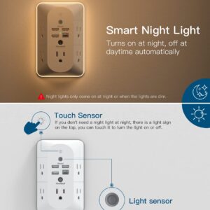 Outlet Extender with Night Light, Surge Protector, Power Strip, 5 Outlet Splitter (3 Side) and 4 USB Charger(1 USB C), USB Wall Charger, Multi Plug Outlets for Home, Office, Dorm Room Essentials