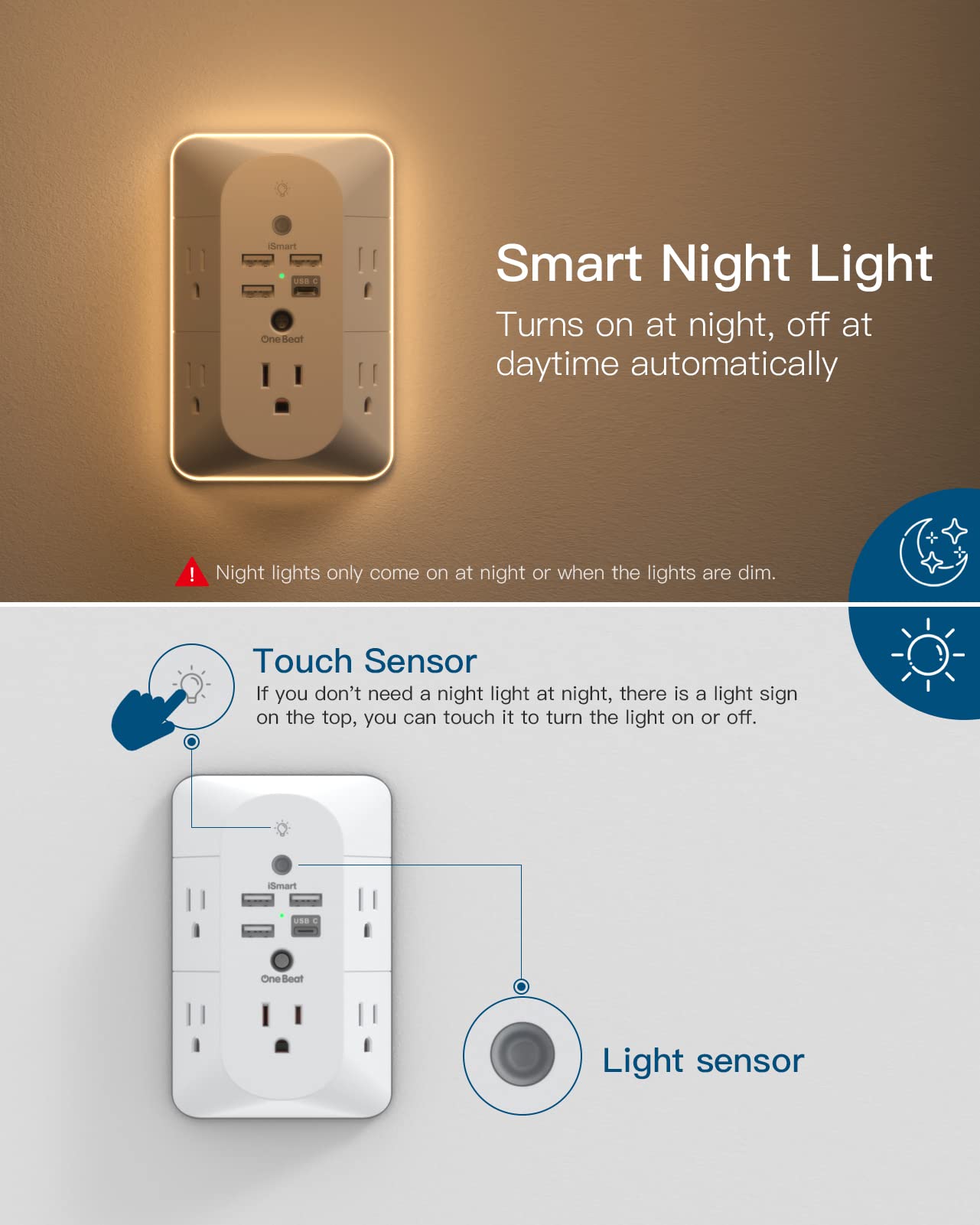 Outlet Extender with Night Light, Surge Protector, Power Strip, 5 Outlet Splitter (3 Side) and 4 USB Charger(1 USB C), USB Wall Charger, Multi Plug Outlets for Home, Office, Dorm Room Essentials